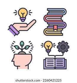 Education icons set = innovation, books, philosophy, skills development . Perfect for website mobile app, app icons, presentation, illustration and any other projects