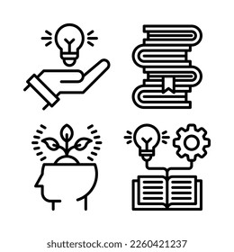 Education icons set = innovation, books, philosophy, skills development . Perfect for website mobile app, app icons, presentation, illustration and any other projects