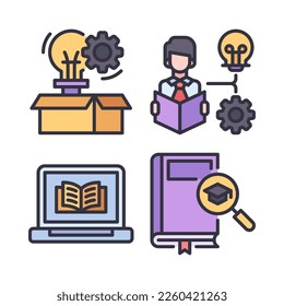 Education icons set = innovation, critical thinking, ebook, search knowledge. Perfect for website mobile app, app icons, presentation, illustration and any other projects