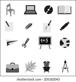 Education icons set, isolated elements,vector illustration. Back to school black and white