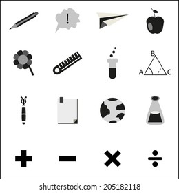 Education icons set, isolated elements,vector illustration. Back to school black and white
