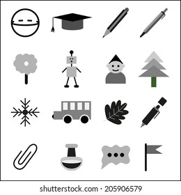 Education icons set, isolated elements,vector illustration. Back to school black and white