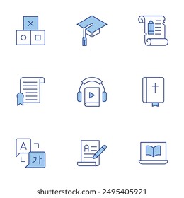 Education icons set. Line Duotone style, editable stroke. certificate, blocks, language, ancient scroll, bible, online learning, audiobook, writing, mortarboard.