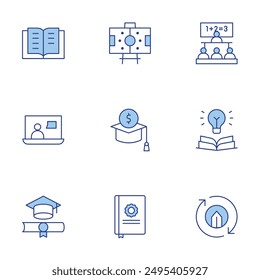 Education icons set. Line Duotone style, editable stroke. classroom, online learning, knowledge, diploma, virtual class, reading, thesis, scholarship, formation.