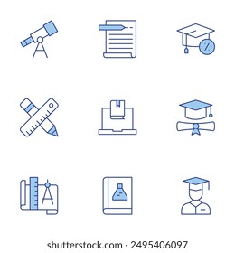 Education icons set. Line Duotone style, editable stroke. writing, science book, graduate, education, student, telescope, ruler, compass, elearning.