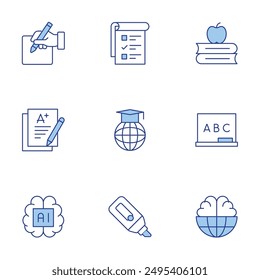 Conjunto de iconos de Educación. Línea Duotone estilo, trazo editable. escritura, inteligencia artificial, pizarra, educación en línea, marcador, tareas, conocimiento, examen, mundo.