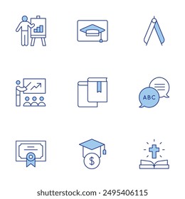 Education icons set. Line Duotone style, editable stroke. presentation, certificate, books, bible, online education, loan, linguistics, training, precision.