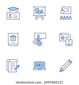 Education icons set. Line Duotone style, editable stroke. geometric shapes, elearning, cut paper, radio, pencil, class, visa, education, conspectus.