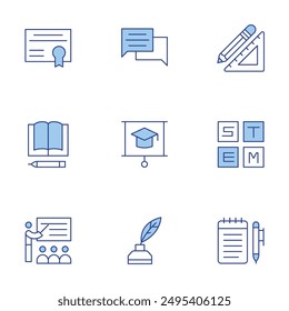 Education icons set. Line Duotone style, editable stroke. diary, stem, pencil and ruler, teaching, education, diploma, write, consultation.