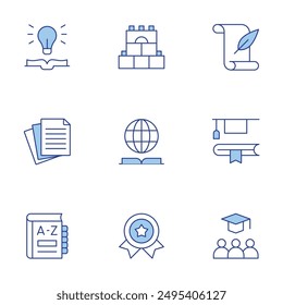 Education icons set. Line Duotone style, editable stroke. education, dictionary, history, knowledge, awards, paper, idea, study, construction.