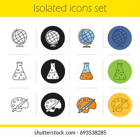 Education icons set. Linear, black and color styles. Geography, chemistry, art symbols. Chemical reaction, palette with brush, globe. Isolated vector illustrations