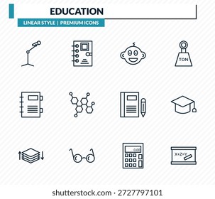 conjunto de ícones de educação - microfone com stand, agenda da escola, criança, cap pós-graduação, blackboard eraser esboço coleção de vetores.