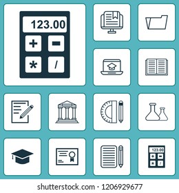 Education icons set with notebook, essay writing, hat and other e-study  elements. Isolated vector illustration education icons.