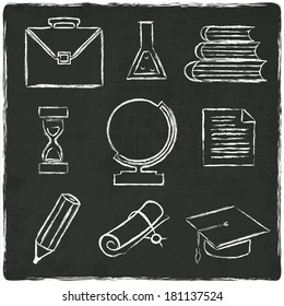 Education icons set on old black board - vector illustration