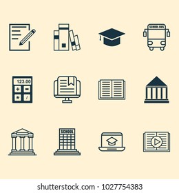 Education icons set with online education, university building, calculator and other paper elements. Isolated vector illustration education icons.