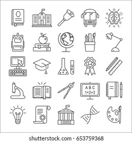 Education icons set. Outline icon collection - School education. Education simbols for web and graphic design. Line style logo. Vector illustration. 
