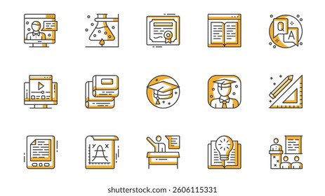 Education icons set in outline stroke design for web. Pack line pictograms with online lesson, science, chemistry, book reading, question and answer, homework, graduation, other. Vector illustration.