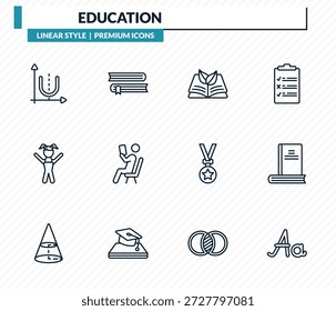 Conjunto de iconos de educación: función parabólica, pareja de libros, libro ecológico, variante de libro encuadernado, colección de Vector de esquema de alfabeto escrito a mano.