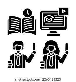 Education icons set = reading book, online learning, teacher man, girl. Perfect for website mobile app, app icons, presentation, illustration and any other projects