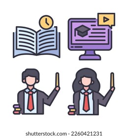 Education icons set = reading book, online learning, teacher man, girl. Perfect for website mobile app, app icons, presentation, illustration and any other projects