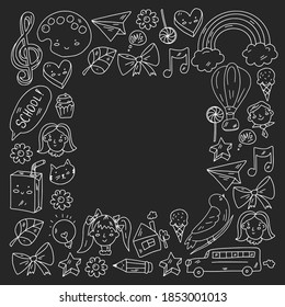 Juego de iconos de educación. Escuela y compañero. Creatividad e imaginación.
