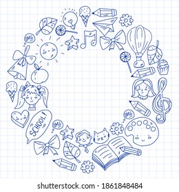 Juego de iconos de educación. Escuela y compañero. Creatividad e imaginación.