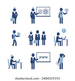 Education icons set. School concept with teacher and students, school bus pictograms. Education concept.