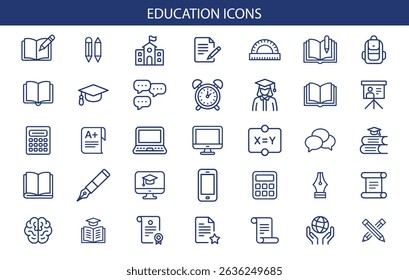 Education Icons Set – School, Learning, Teacher, Student, and Study Symbols.