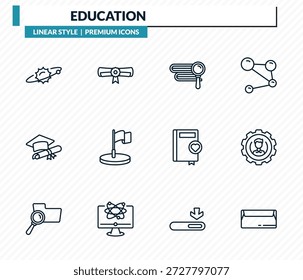 conjunto de ícones de educação - sistema solar, diploma rolado, pesquisa com livros, coisas dos usuários, coleção vetorial de envelope fechado.