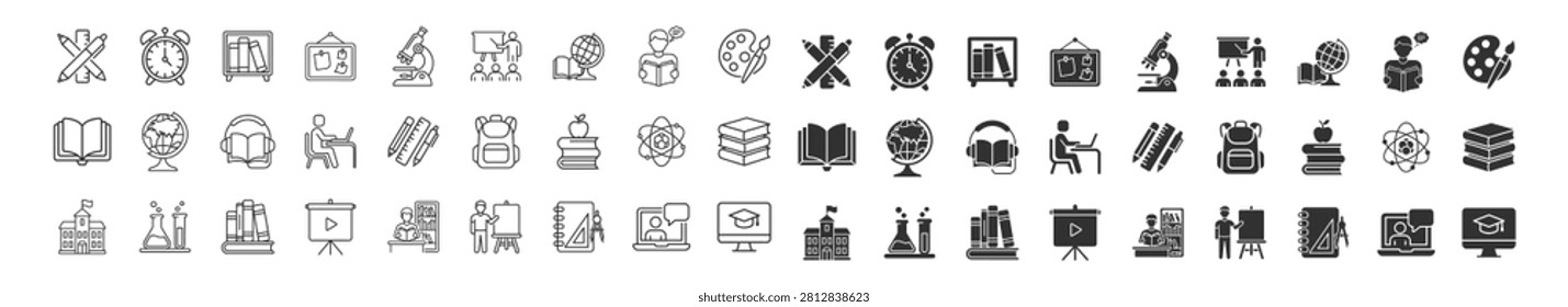 education icons set in solid and outline styles symbolizing learning tools and academic activities on transparent background