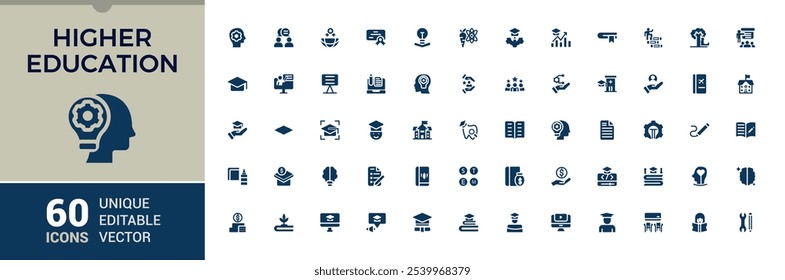 Education icons set in solid style. Includes icons for academic, graduation, university, college, teaching, knowledge, scholarship, training. Filled icons pack. Editable vector illustration.