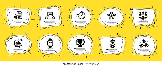 Juego de iconos de educación. La burbuja de la voz ofrece carteles. Insignia de cupón amarillo. Icono incluido como Meeting, Smartwatch, carteles de correa de hombro. Timer, Winner, símbolos de comunicación en la nube. Vector