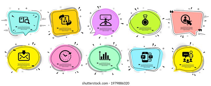 Education icons set. Speech bubble offer banners. Vector coupon badge. Included icon as Incoming mail, Search book, Diagram graph signs. Technical algorithm, Interview job, Medal symbols. Vector