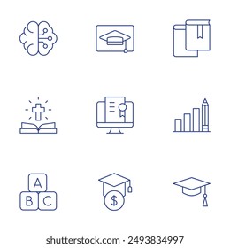 Bildung-Symbole festgelegt. Thin Line-Stil, editierbarer Strich. Abschlussdeckel, Gehirn, Bücher, Bibel, Balkendiagramm, ABC-Block, Online-Bildung, Darlehen.