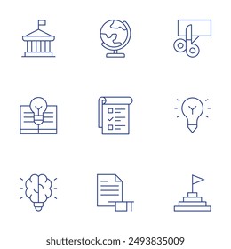 Conjunto de iconos de Educación. Estilo de línea delgada, trazo editable. conocimiento, tareas, prácticas, idea, globo, ciencia política, papel cortado, meta.