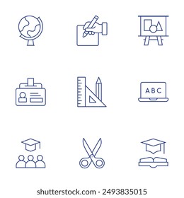 Education icons set. Thin Line style, editable stroke. writing, tools, scissors, globe, geometric shapes, employee, elearning, education.