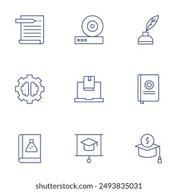 Bildung-Symbole festgelegt. Thin Line-Stil, bearbeitbarer Strich. Schreiben, denken, Wissenschaft, Buch, schreiben, These, Gelehrsamkeit, Reibung, eLearning, Bildung.