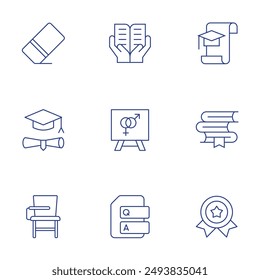 Education icons set. Thin Line style, editable stroke. graduation, books, awards, training, sex education, question, eraser, education, desk.