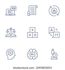 Education icons set. Thin Line style, editable stroke. online learning, mind, law, certificate, blocks, artificial intelligence, microscope, language.