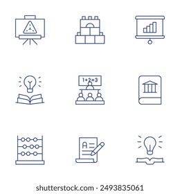 Education icons set. Thin Line style, editable stroke. classroom, knowledge, history book, writing, idea, abacus, presentation, construction.