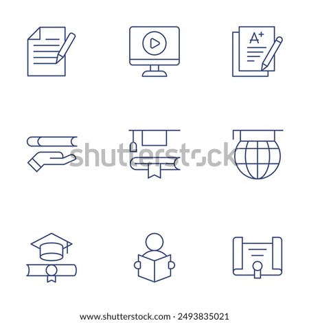 Education icons set. Thin Line style, editable stroke. video, study, reading book, file, exam, education, diploma.