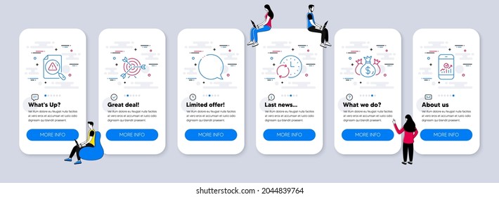 Education Icons Set. UI Phone App Screens With Teamwork. Included Icon As Target, Search Document, Speech Bubble Signs. Update Time, Check Investment, Smartphone Statistics Line Icons. Vector