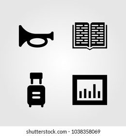 Education icons set. Vector illustration analytics, open book, trumpet and trolley