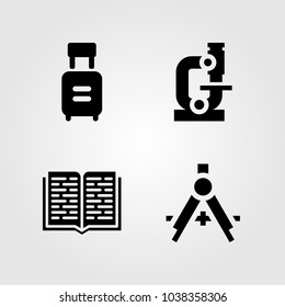 Education icons set. Vector illustration open book, trolley, compass and microscope