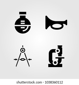 Education icons set. Vector illustration compass, trumpet, flask and microscope