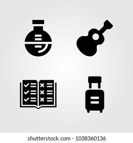 Education icons set. Vector illustration trolley, open book, flask and guitar