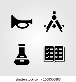 Education icons set. Vector illustration flask, trumpet, open book and compass