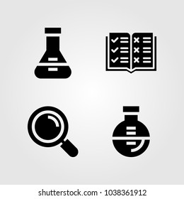 Education icons set. Vector illustration flask, open book and loupe