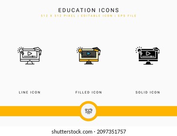 Los iconos de educación establecen la ilustración vectorial con estilo de línea de icono sólido. Concepto de videoconferencia en línea. Icono de trazo editable en fondo aislado para diseño web, interfaz de usuario y aplicación móvil