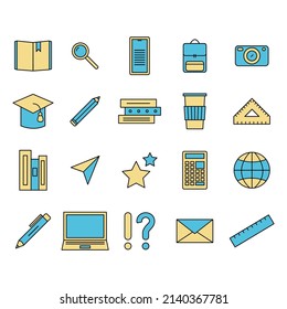 Education icons set. Vector illustration. Yellow and blue